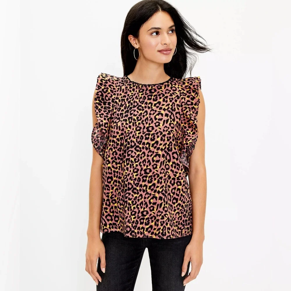 NWT Loft Print Cutout Back Ruffle Shell Pink Leopard Size Small - Picture 1 of 8